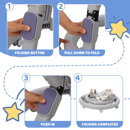 EULEUY 3-in-1 foldable baby walker with adjustable height, 360° quiet wheels, dinner tray, and game play center in grey.