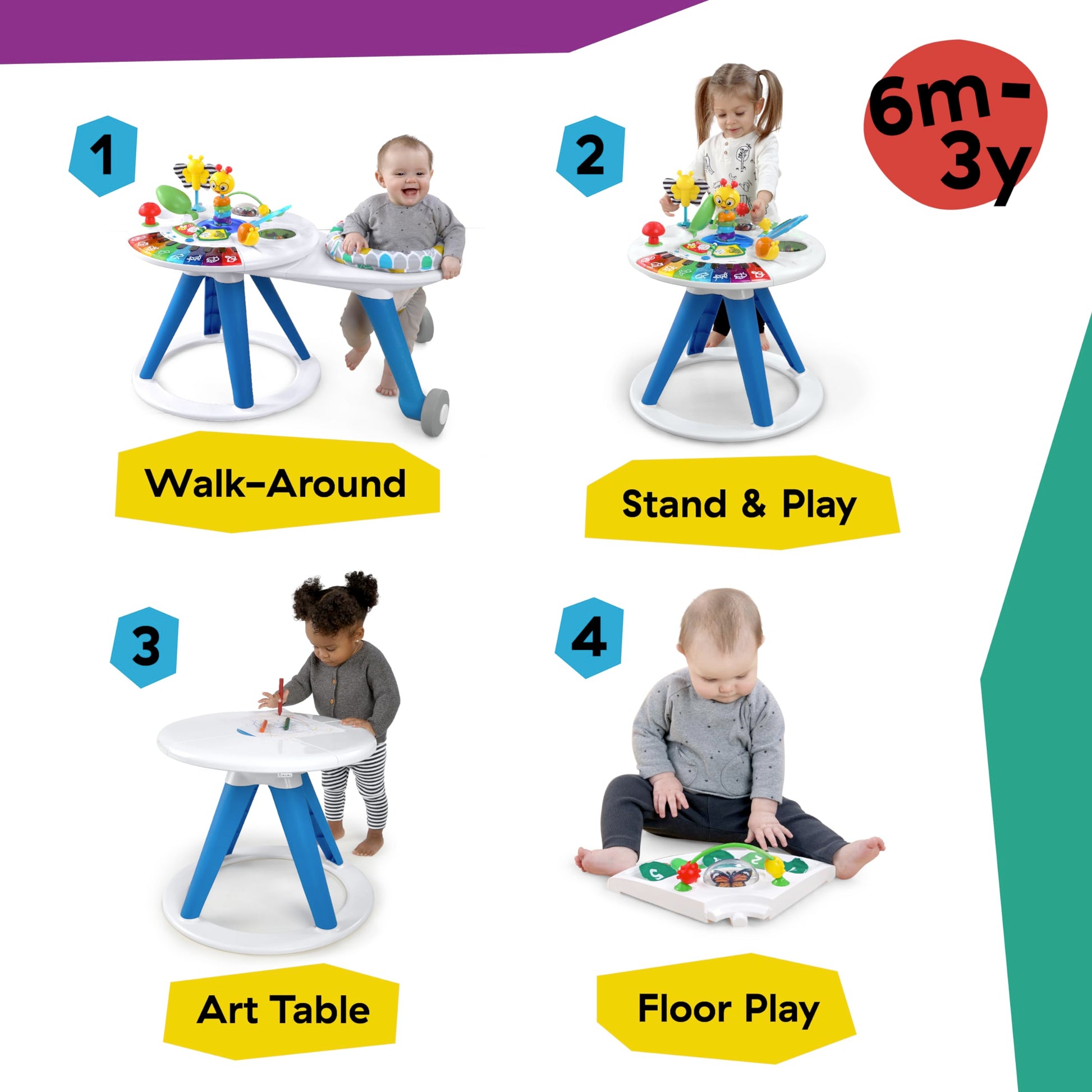 Baby Einstein Around We Grow 4-in-1 walker and activity center with colorful toys for babies 6 months and older.
