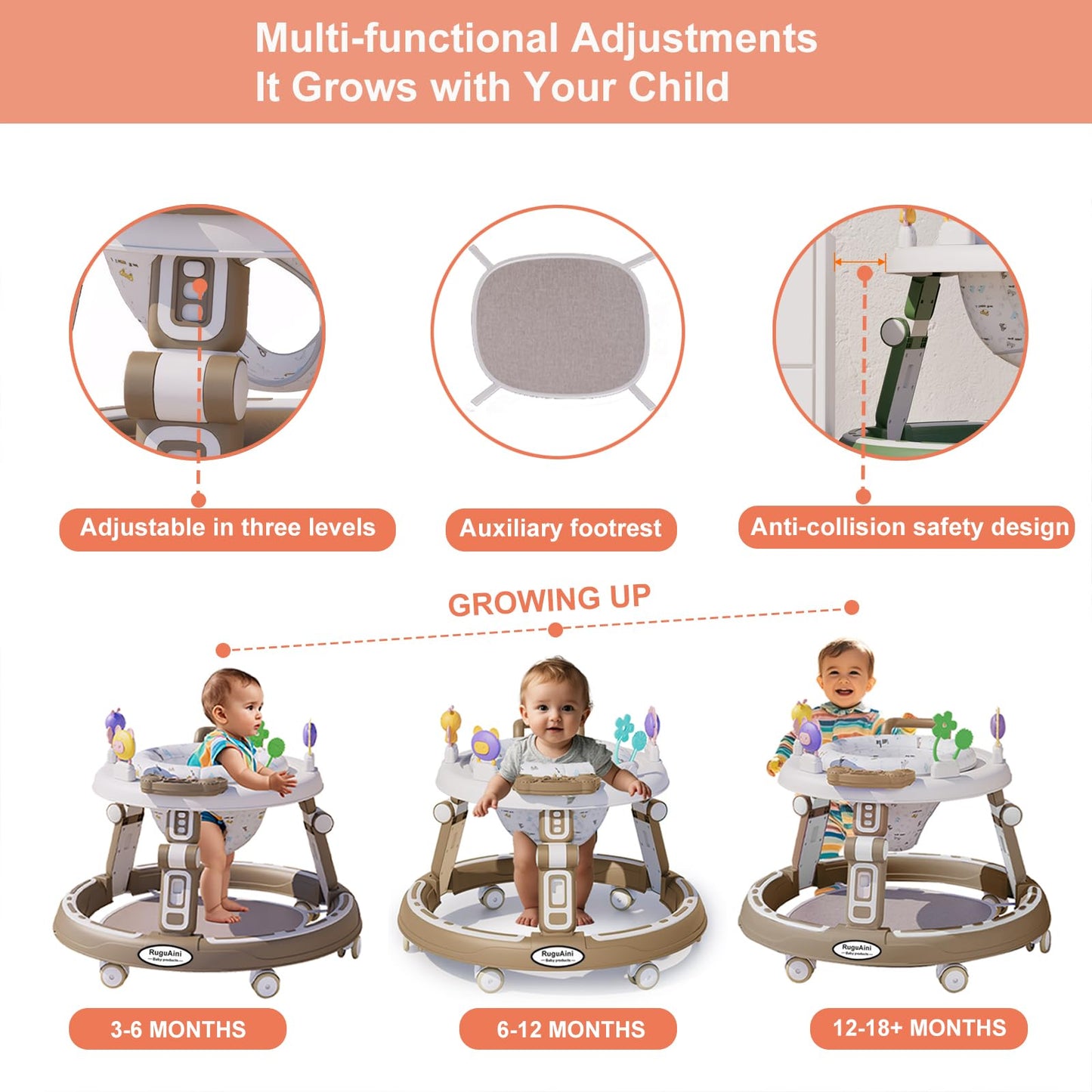 RuguAini 360° rotating baby walker in khaki with foldable design, height adjustment, silent wheels, suitable for 6-24 months old boys and girls.