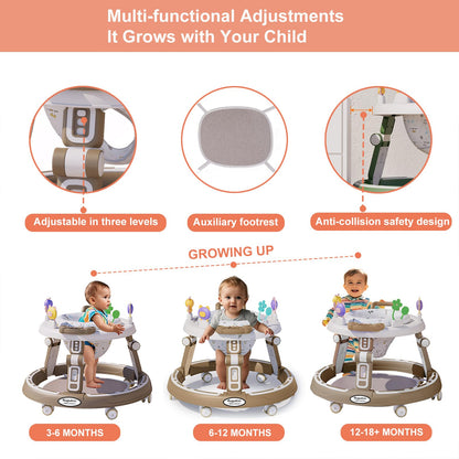 RuguAini 360° rotating baby walker in khaki with foldable design, height adjustment, silent wheels, suitable for 6-24 months old boys and girls.