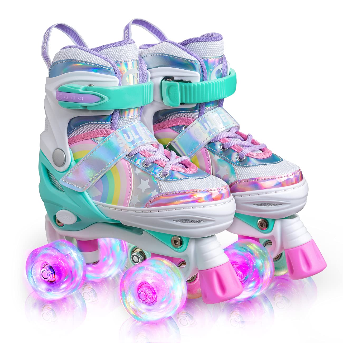 SULIFEEL Rainbow Unicorn adjustable roller skates for kids, featuring colorful design and light-up wheels, size 9C-12C UK.