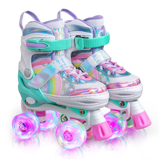SULIFEEL Rainbow Unicorn adjustable roller skates for kids, featuring colorful design and light-up wheels, size 9C-12C UK.