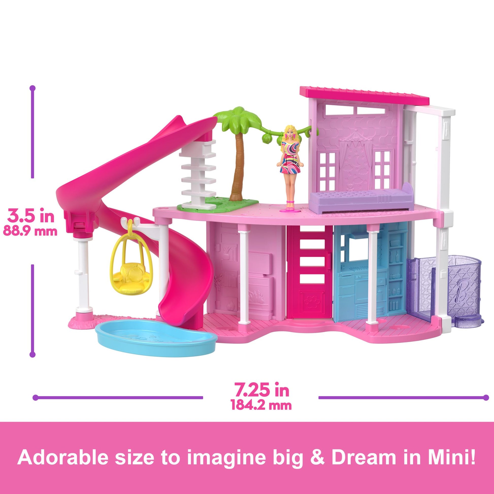 Mini Barbie Dreamhouse set with furniture, elevator, pool, and 1.5-inch Barbie doll, designed for children ages 4 and up.