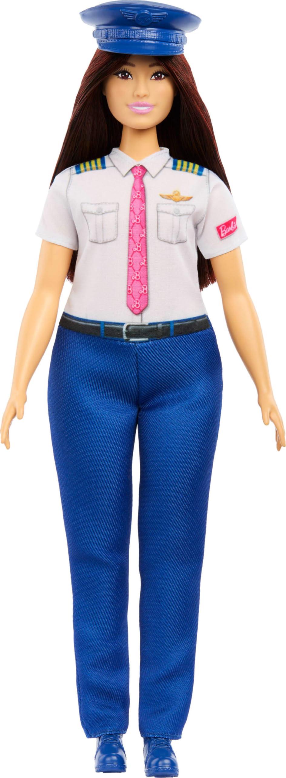 Barbie Careers Pilot Fashion Doll in flight uniform with removable hat, shoes, and accessories, ready for takeoff.