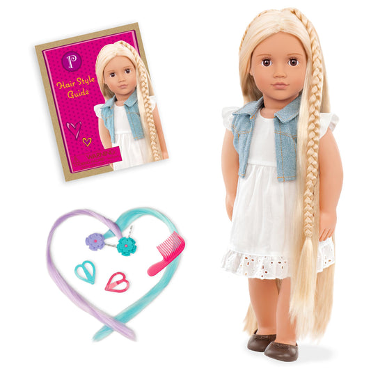 Our Generation Phoebe fashion doll with complete outfit, accessories, hair extensions, and comb for creative playtime adventures.