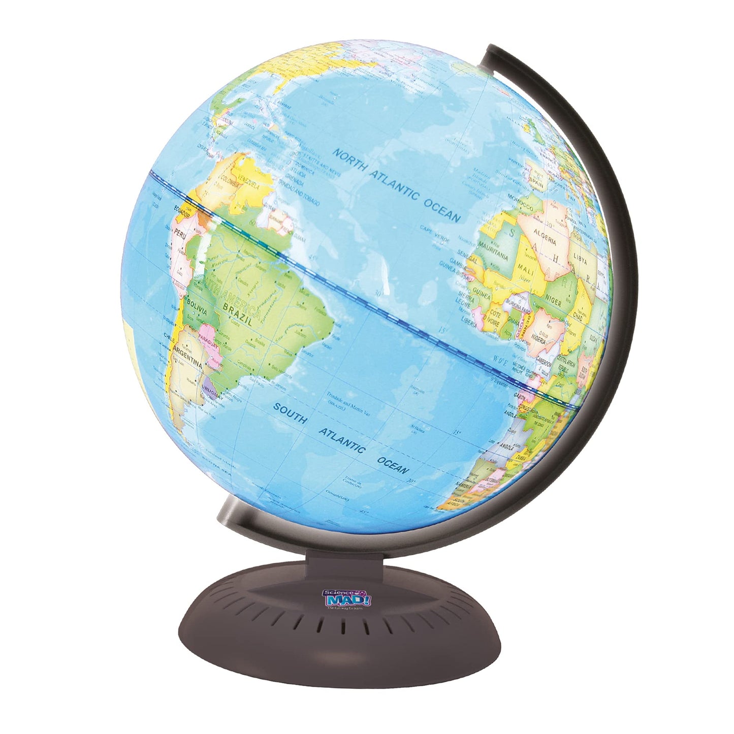 Science Mad light-up globe for kids showing Earth with day and night settings, 20cm diameter, mounted on an arc for educational fun.
