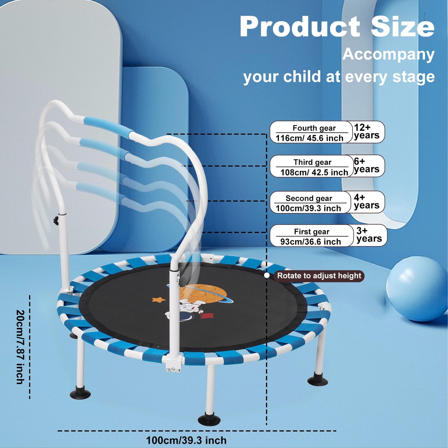 39 inch Trampoline For Toddlers Height Adjustable,Foldable Mini Trampoline For Kids,Baby Sensory Balance Toy Indoor Outdoor 3 4 5 Year Old,Gifts For Girls and Boys (Blue)