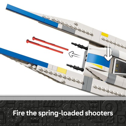 LEGO Star Wars 75399 Rebel U-Wing Starfighter with swing-wing feature and minifigures including Cassian Andor and K-2SO.