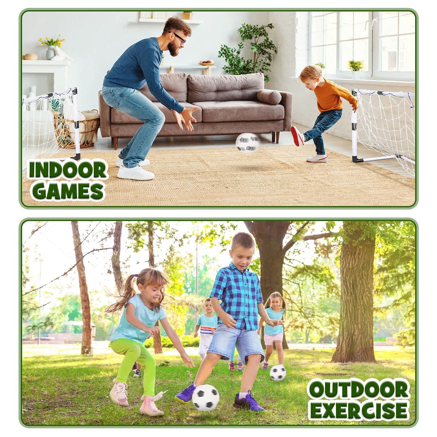 Dreamon set of 2 kids football goal post nets with balls and pump for indoor outdoor soccer training and sports practice.