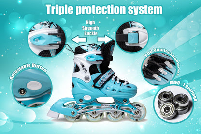 Scale Sports - Adjustuble Roller Skates with light up wheels for children and adults - Kids Inline Roller Skates (mint, UK 5-7 (EU 38-41) L)