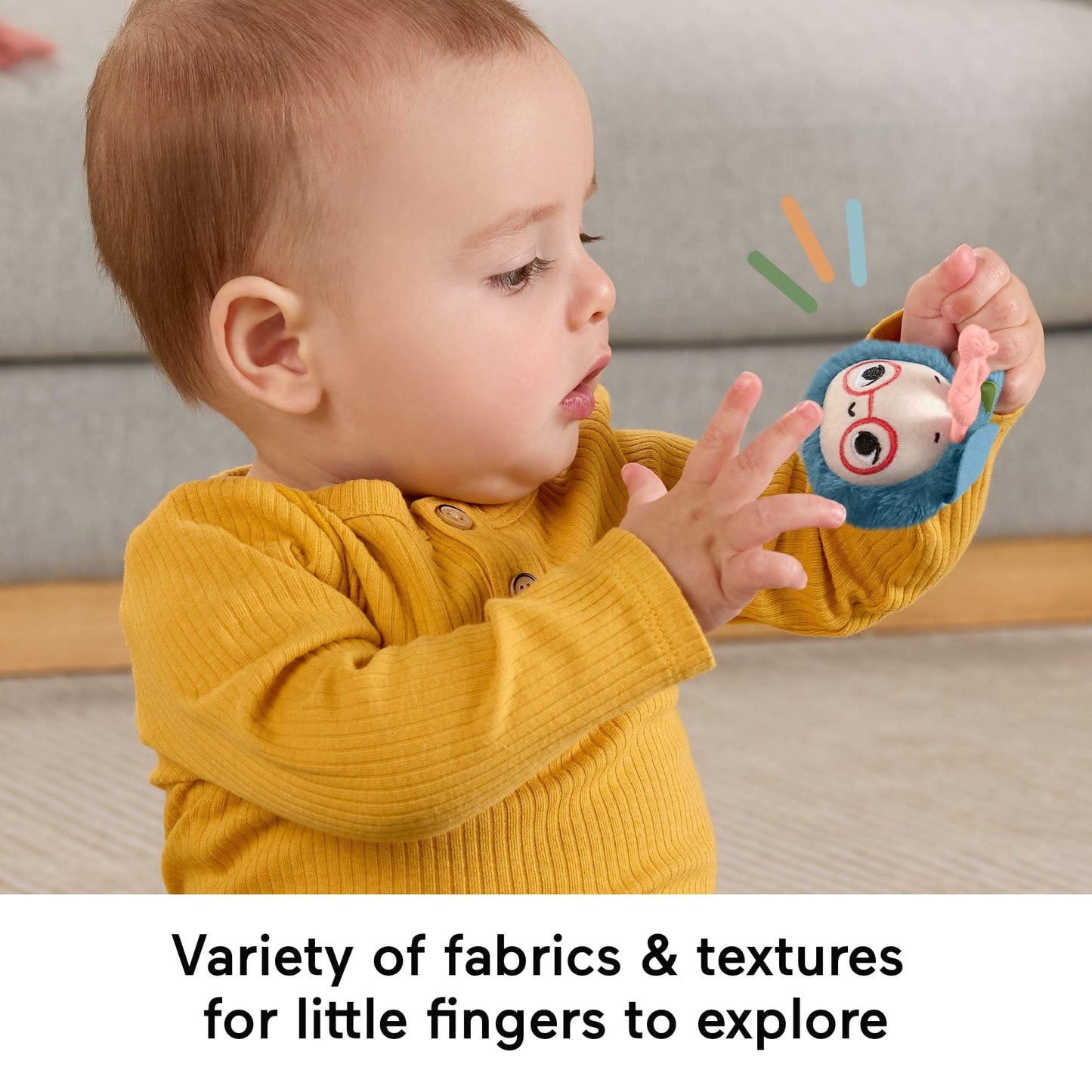 Fisher-Price Baby Toys Planet Friends Shake ‘n Rattle Busy Bee sensory plush set for newborns ages 3+ months.