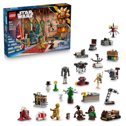 LEGO Star Wars Advent Calendar 2025 with 24 surprises, 2 minifigures, and 5 droid figures for boys aged 6 and up.