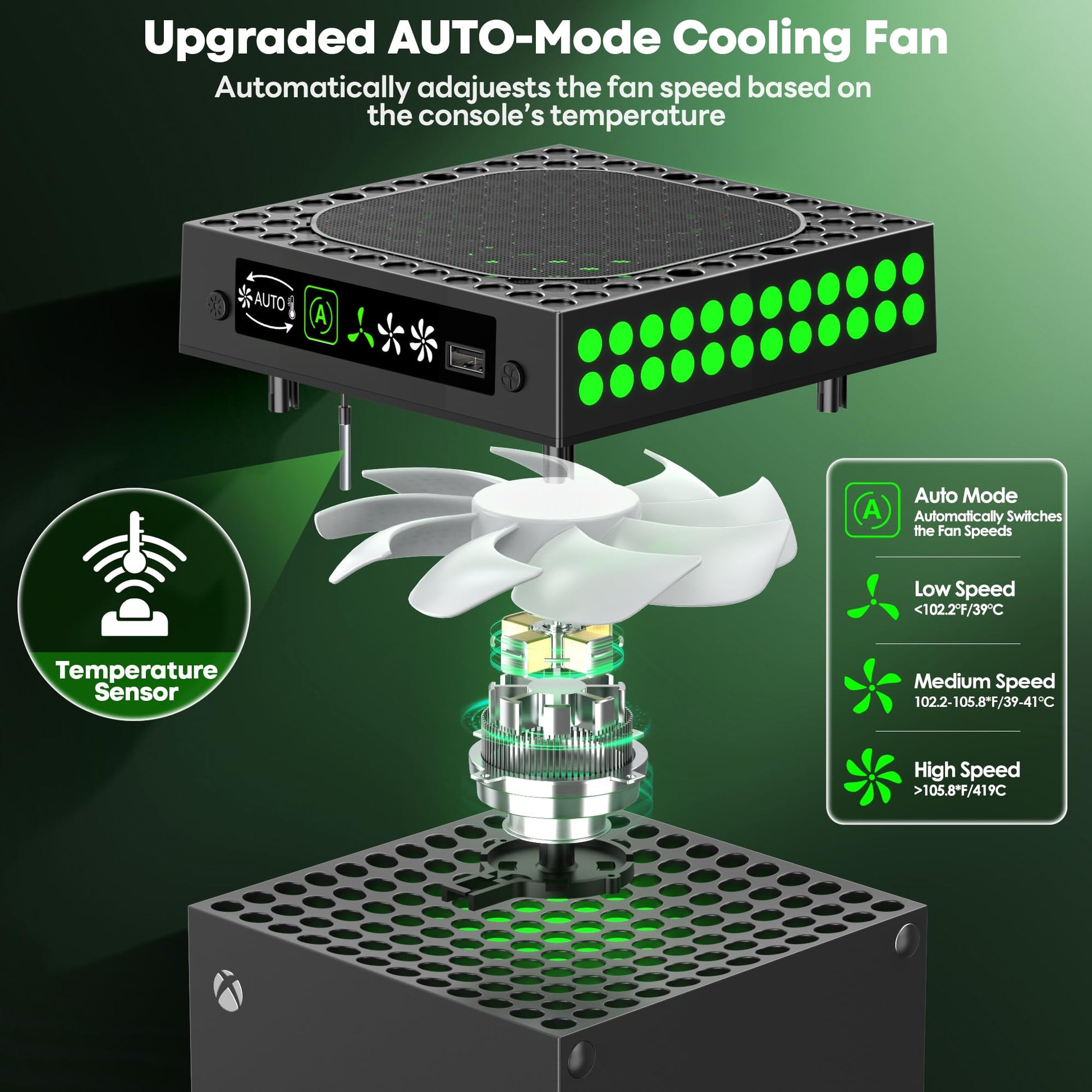 Kosker Xbox Series X cooling fan dust cover with 9 RGB lights, auto mode, adjustable fan, and headset holder for optimal cooling.