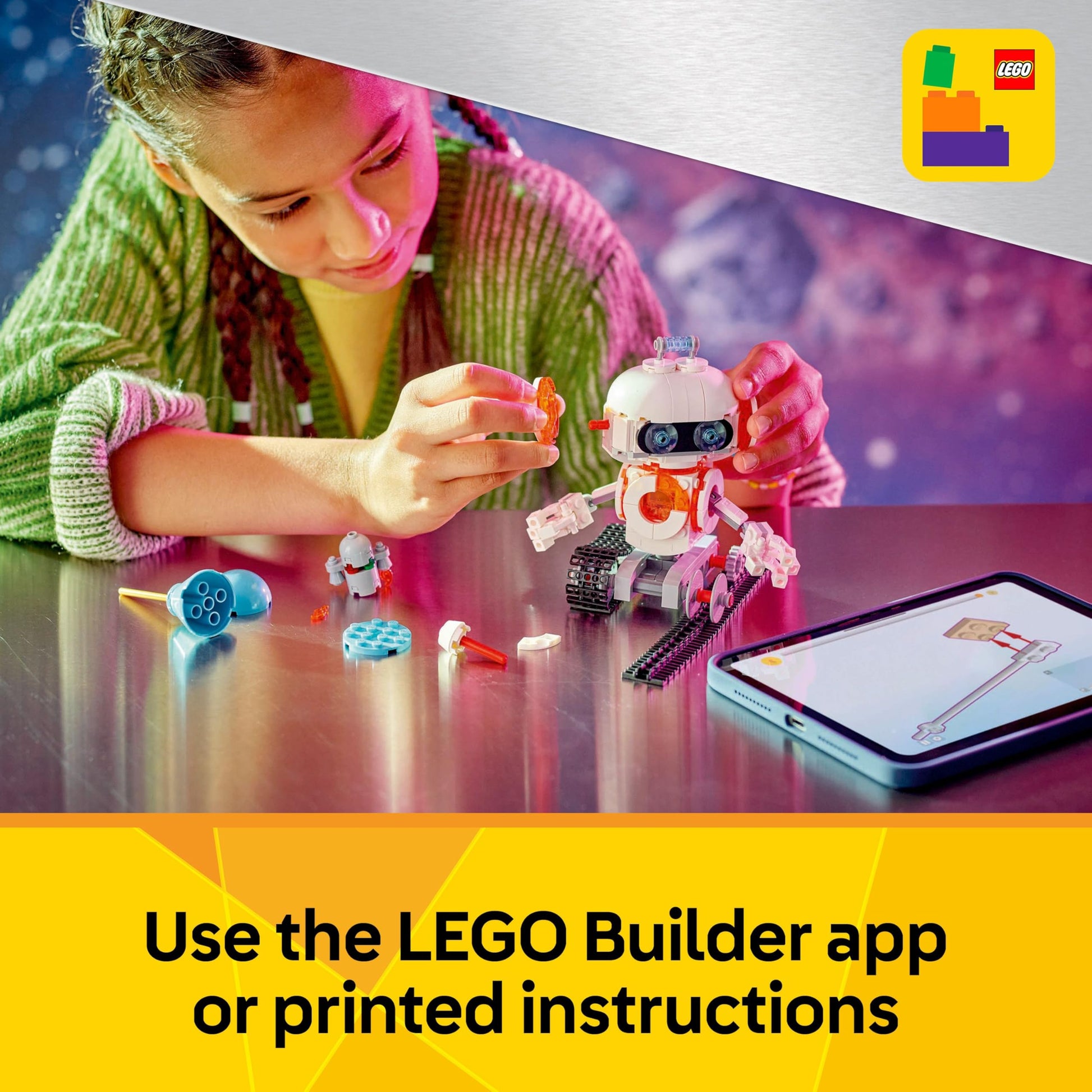 LEGO Creator 3in1 Space Robot building set, featuring a robot, dog figure, and rocket model for kids aged 8 and up.
