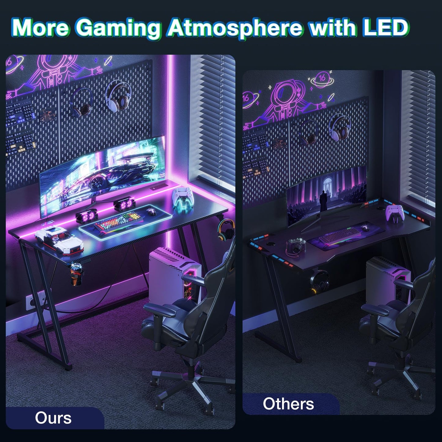 ODK Gaming Desk with LED Lights, Gaming Table with Cup Holder and Headphone Hook, Double Z Frame Design Computer Desk Carbon Fiber Black 80 cm