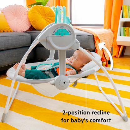 Bright Starts, Whimsical Wild Portable Compact Automatic Baby Swing with Music and Taggies, Removable Toy Bar with 2 Toys, Reclinable, 5 Point Harness, Newborn and up