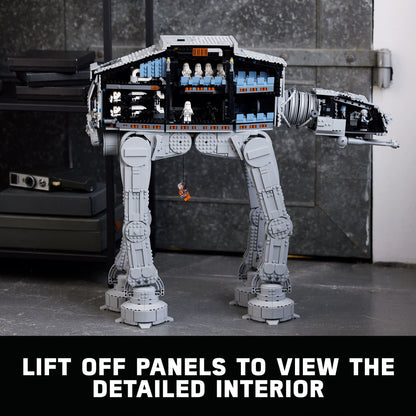 LEGO Star Wars AT-AT Walker 75313 model with nine minifigures, including General Veers and Luke Skywalker.