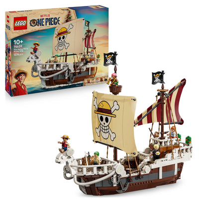 LEGO One Piece The Going Merry Pirate Ship model with minifigures of Luffy, Zoro, and Nami for display and play.