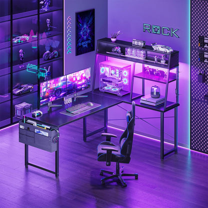 Coleshome L Shaped Gaming Desk with Led Lights, 130×100 cm Reversible Corner Computer Desk with Display Shelves, PC Gaming Table with Storage Bag Black