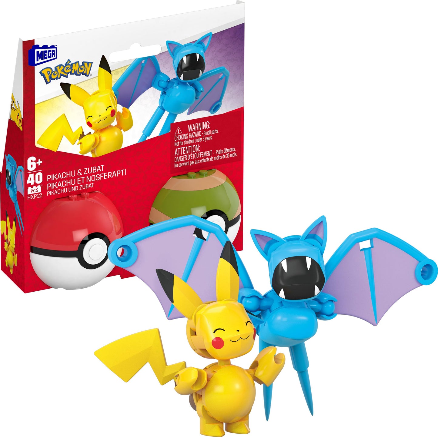 MEGA Pokémon building set featuring Pikachu and Zubat, 40 pieces, 2 poseable characters, and a Poké Ball.