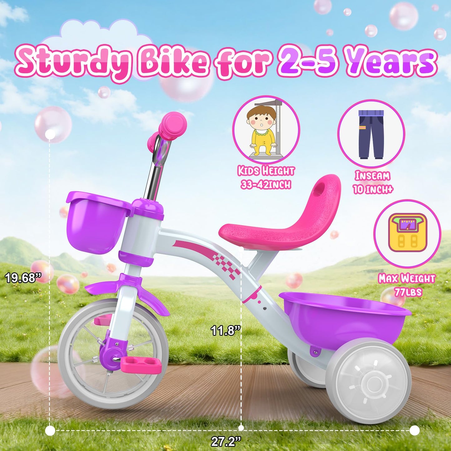 HappyGoLucky Tricycles Toys for 2-5 Year Old Girls Gifts, Balance Bike 2+ 3 4 5 Year Old with 3 Colorful Lighting Wheels & Removable Pedals, Baby Toddler Kids Cycle Trikes Bike Girls Toys Age 2-5
