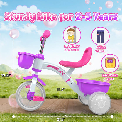 HappyGoLucky Tricycles Toys for 2-5 Year Old Girls Gifts, Balance Bike 2+ 3 4 5 Year Old with 3 Colorful Lighting Wheels & Removable Pedals, Baby Toddler Kids Cycle Trikes Bike Girls Toys Age 2-5