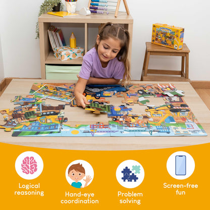BONNYCO Giant Floor Puzzle Construction Site with 48 Large Pieces. Jigsaw Puzzles for Kids 36.2 x 24.4 in, Gifts for Boys and Girls, Educational Toys Ages 2-8