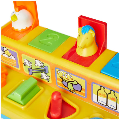Funtime Fun Time Pop Up Farmyard Friends toy in yellow featuring playful farm animal characters.