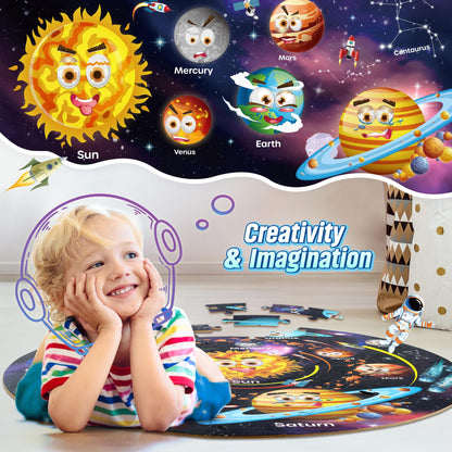 Giant solar system floor jigsaw puzzle by SYNARRY featuring colorful space planets and astronaut images for kids aged 3 to 8.