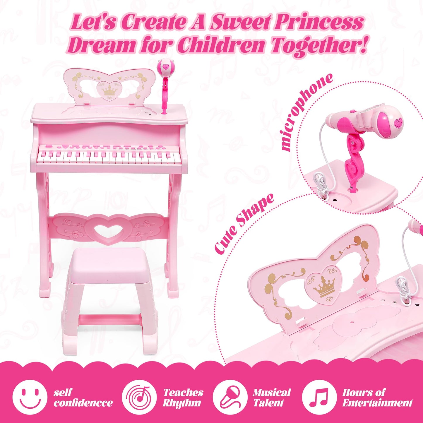 Pink kids piano keyboard with 37 keys, detachable legs, microphone, and stool, ideal for toddlers and young music learners.