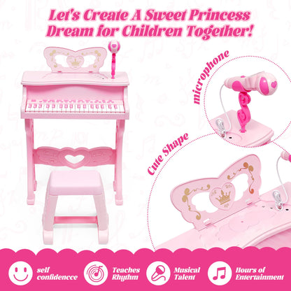 Pink kids piano keyboard with 37 keys, detachable legs, microphone, and stool, ideal for toddlers and young music learners.