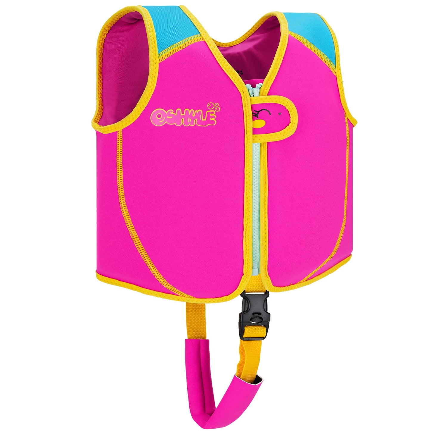 OSHYLE swim vest for kids, toddler floaties with safety strap, designed for ages 3-6, in bright colors and buoyant design.