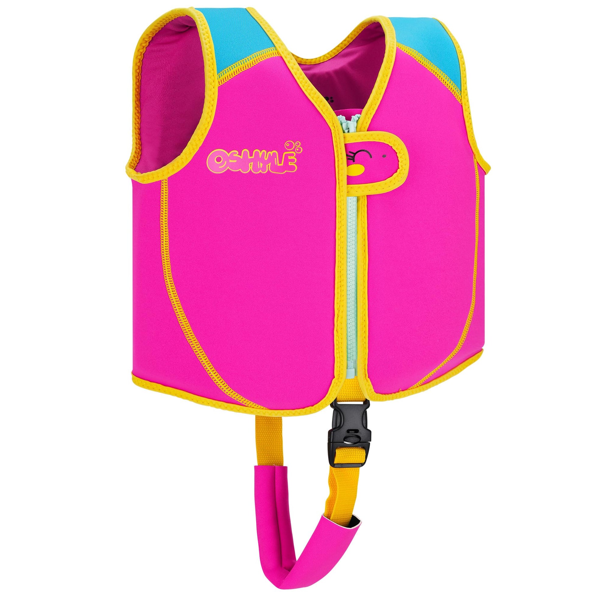 OSHYLE swim vest for kids, toddler floaties with safety strap, designed for ages 3-6, in bright colors and buoyant design.