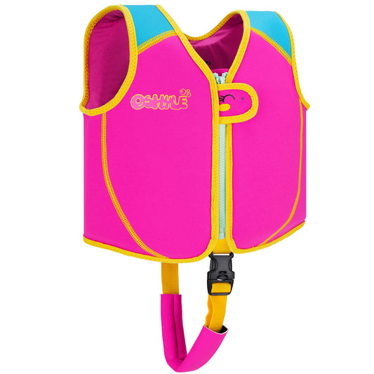 OSHYLE swim vest for kids, toddler floaties with safety strap, designed for ages 3-6, in bright colors and buoyant design.