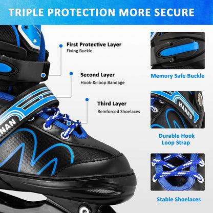 Blue ERNAN adjustable light-up kids inline skates with beginner-friendly design and secure straps, perfect for boys and girls.