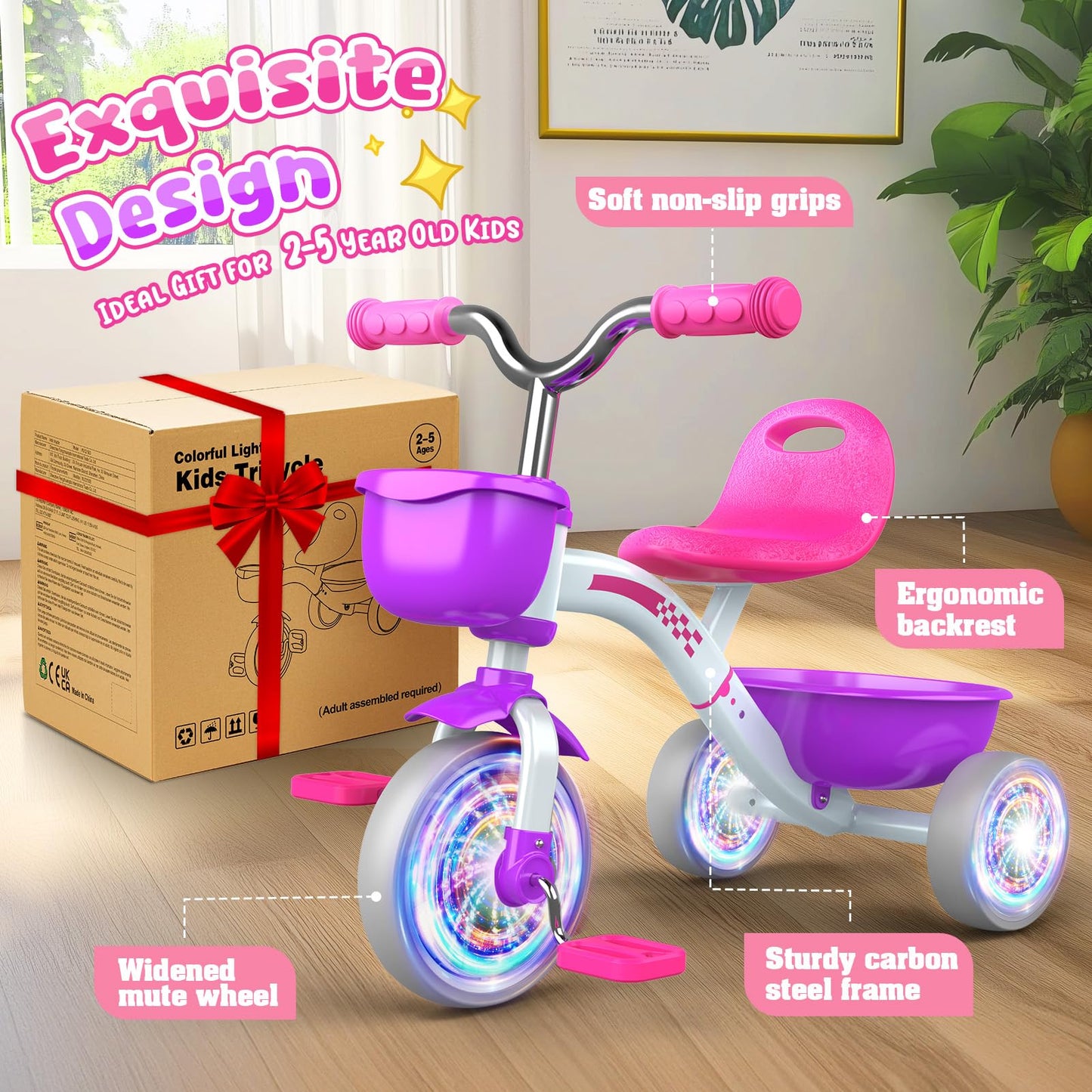 HappyGoLucky Tricycles Toys for 2-5 Year Old Girls Gifts, Balance Bike 2+ 3 4 5 Year Old with 3 Colorful Lighting Wheels & Removable Pedals, Baby Toddler Kids Cycle Trikes Bike Girls Toys Age 2-5
