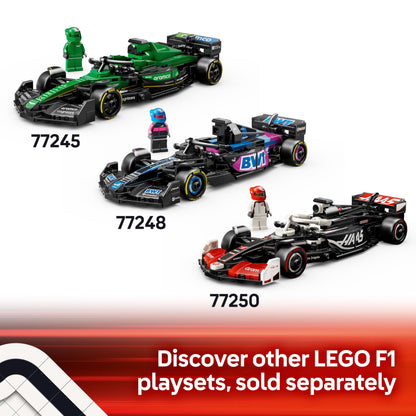 LEGO Speed Champions Ferrari SF-24 F1 race car model kit with a Formula 1 driver minifigure on a white background.