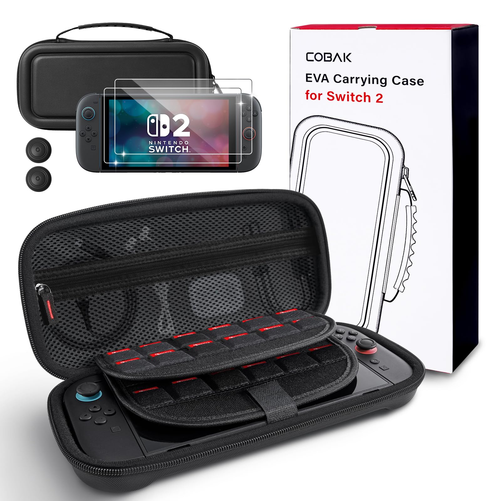CoBak large capacity carrying case for Nintendo Switch 2 with 24 game cards, microSD, screen protectors, thumb grip caps, in black.