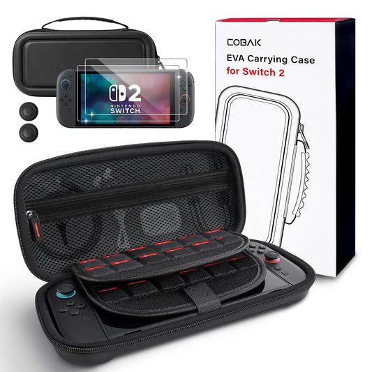 CoBak large capacity carrying case for Nintendo Switch 2 with 24 game cards, microSD, screen protectors, thumb grip caps, in black.