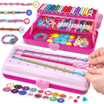 Friendship Bracelet Making Kit with Storage Box,DIY String Bracelet Arts and Craft for Girls Aged 8-12,Kids' Travel Activity Toy Set, Birthday Gifts for Ages 6 7 8 9 10 11 12 Year Old (Pink/Rose)