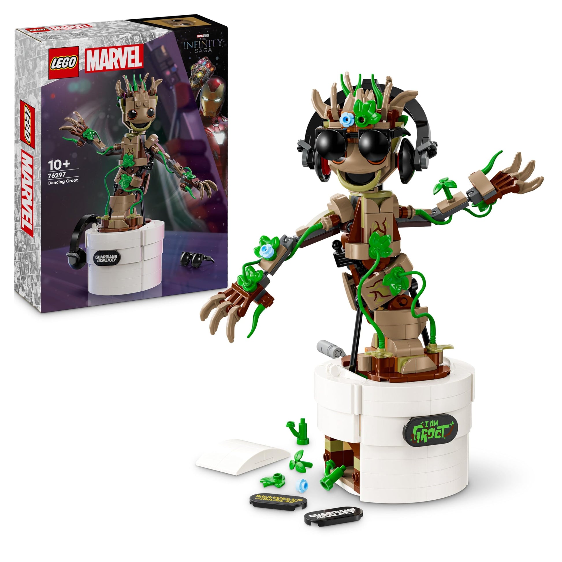 LEGO Marvel Dancing Groot action figure, buildable toy with hand-operated features, designed for kids’ interactive play.