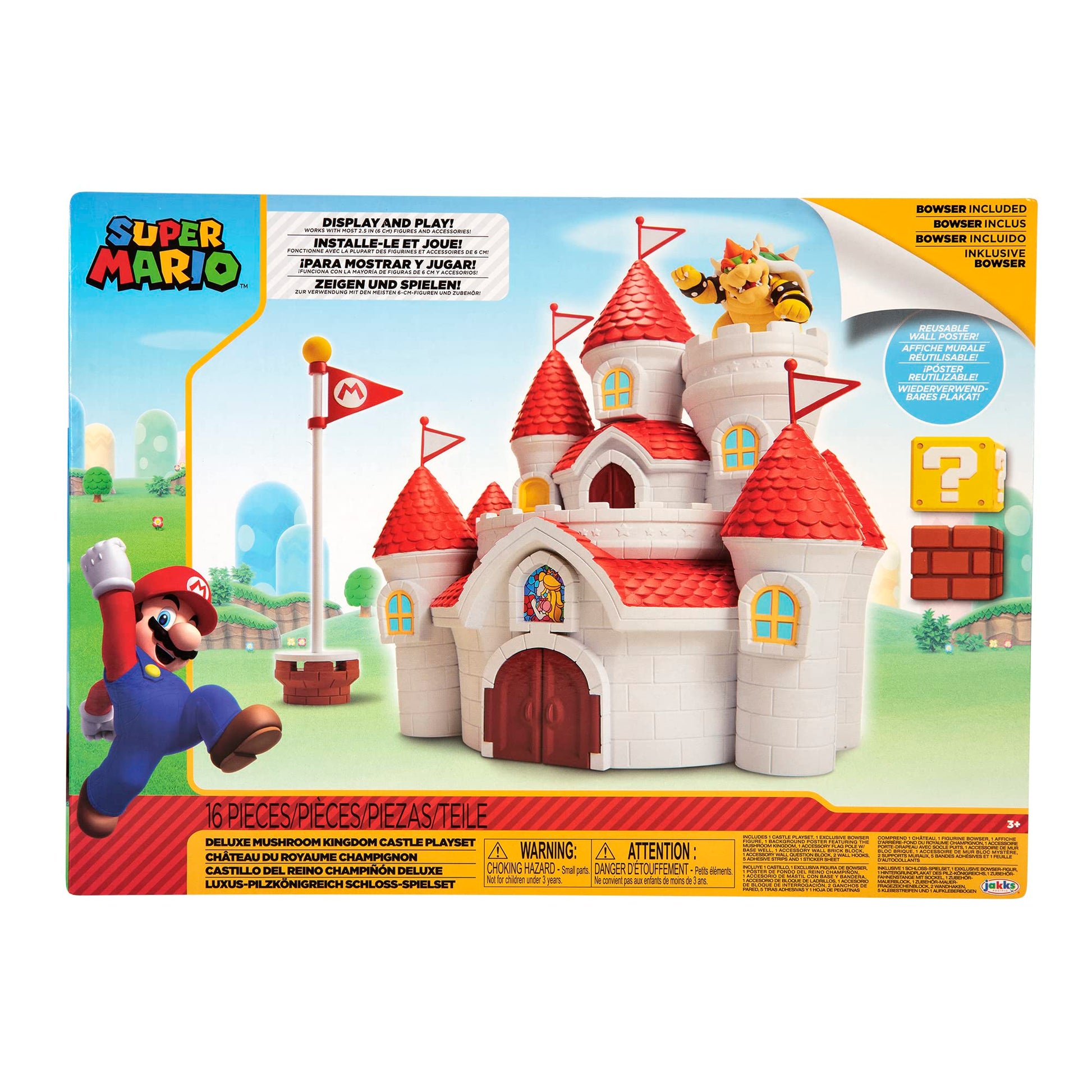 Nintendo Mushroom Kingdom Castle playset with Bowser action figure, accessories, wall poster, featuring colorful castle structure and characters.