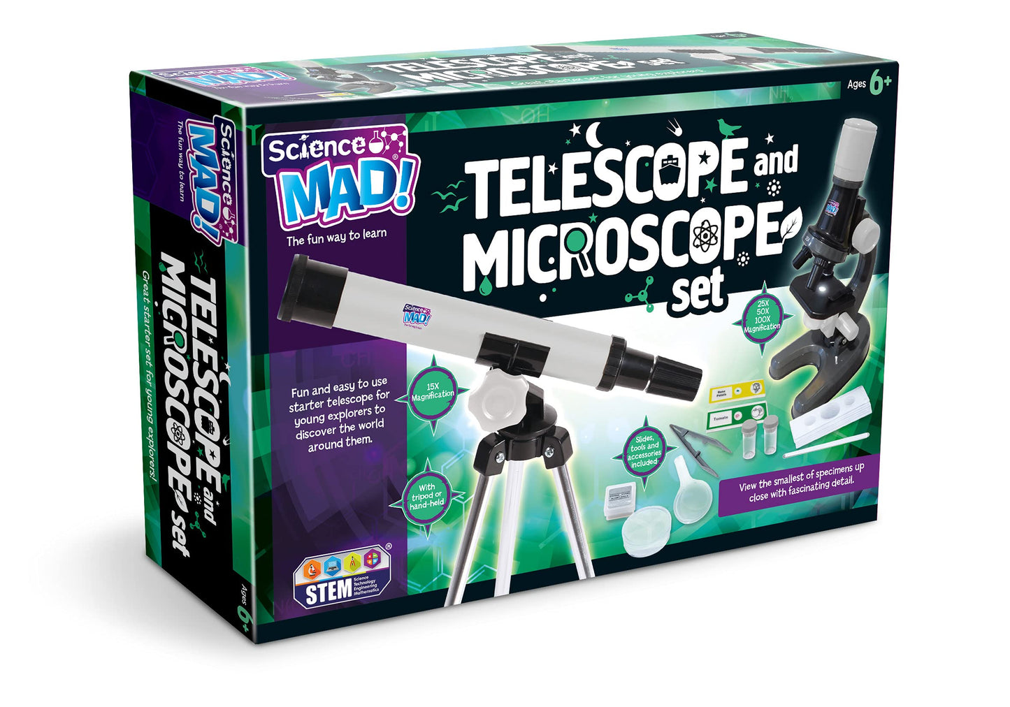 Science Mad kids microscope and telescope combo set with tripod, stand, 15x telescope, and 100x microscope for ages 6 and up.