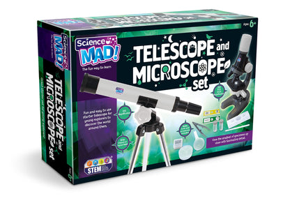 Science Mad kids microscope and telescope combo set with tripod, stand, 15x telescope, and 100x microscope for ages 6 and up.
