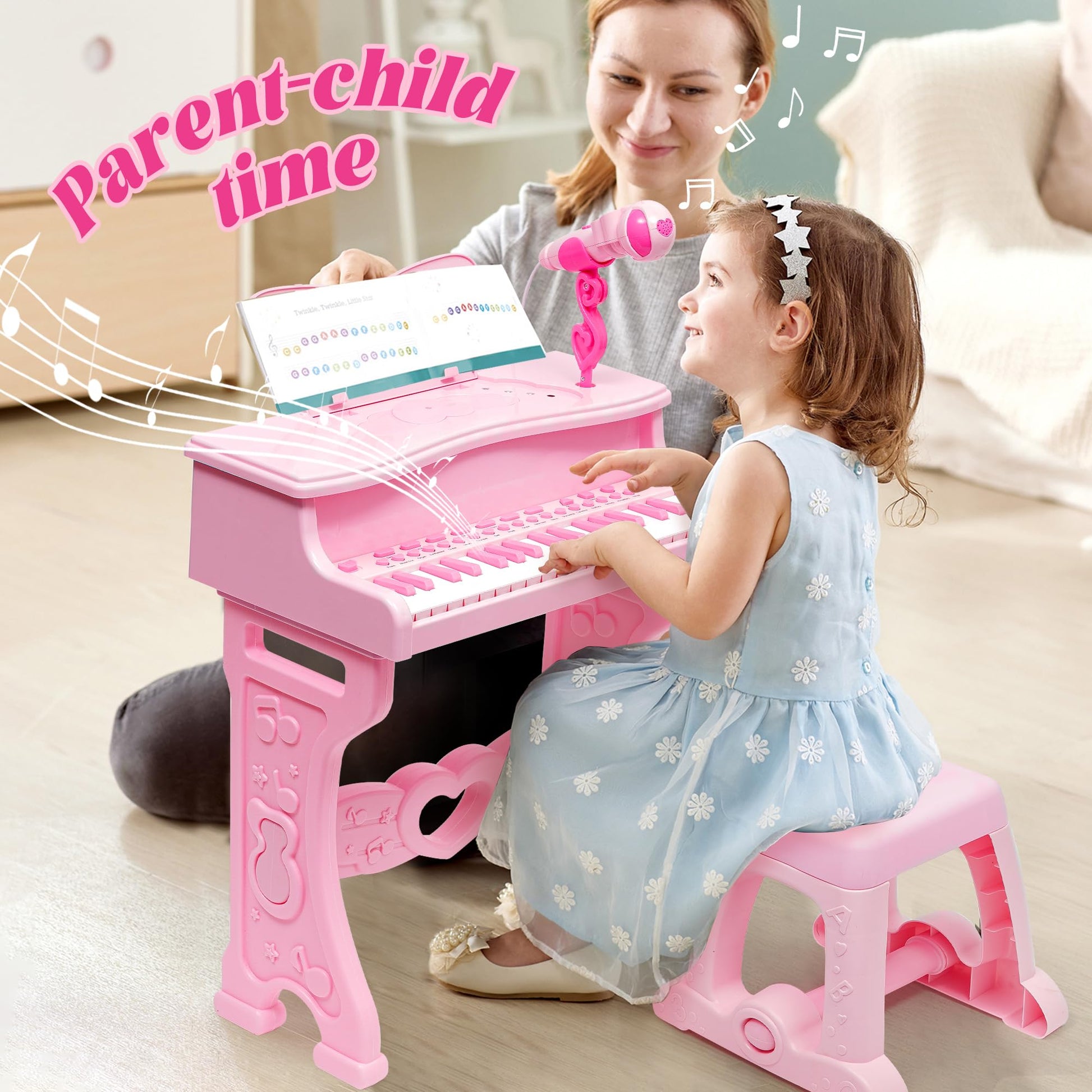 NUKied kids 37-key pink mini piano keyboard with detachable legs, stool, microphone, ideal for toddlers and young music learners.