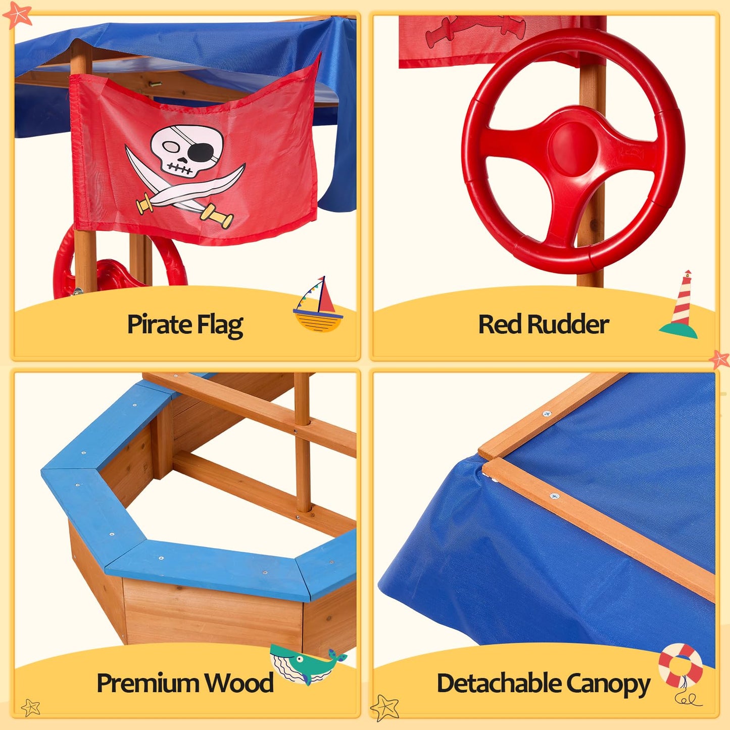 Warmiehomy Sand Pit With Lid For Toddlers Age 3-10 Wooden Kids, Pirate Ship Sand Boat With Canopy Liner Flag, Shell SandPit Outdoor Kids For Garden Backyard Creative Fun Gift For 3+ Years