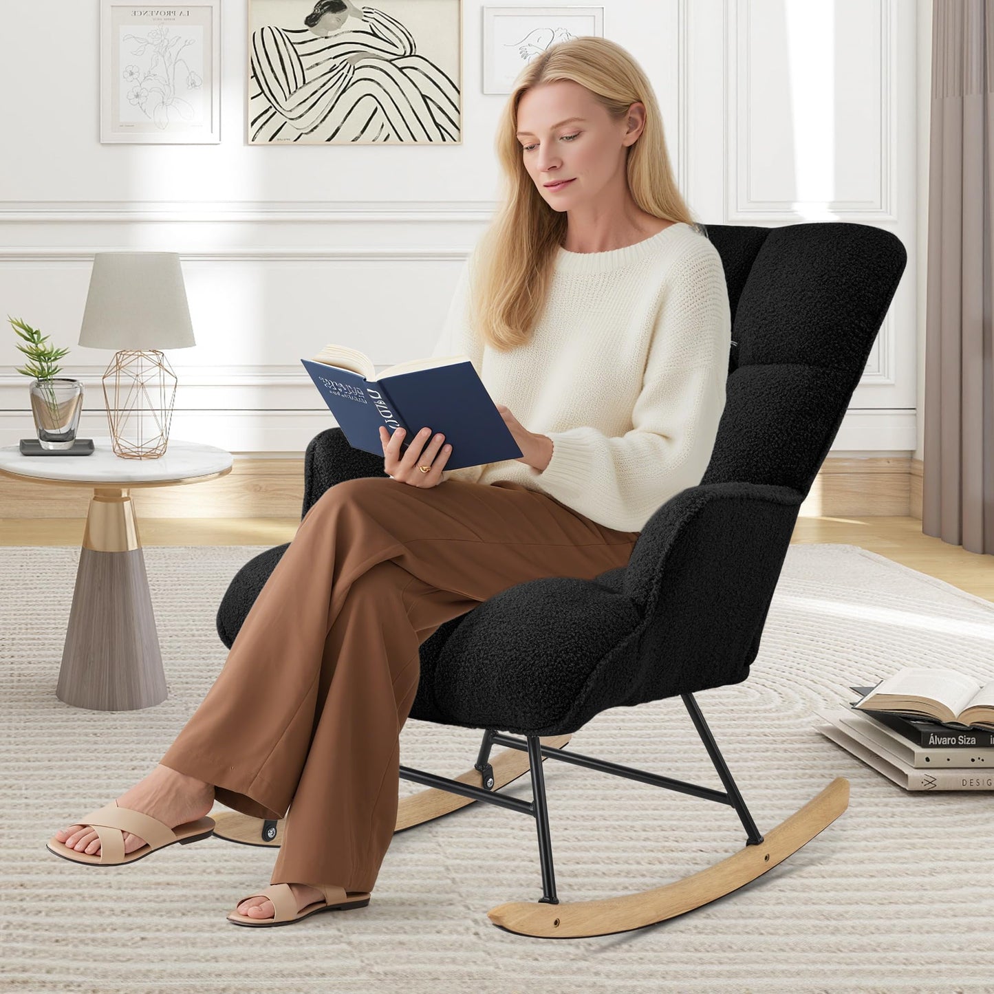 Aunekiv Rocking Chair for Nursery, Teddy Upholstered Glider Nursing Chair for Adults, Comfy Rocking Armchair Indoor for Living Room Bedroom, Black