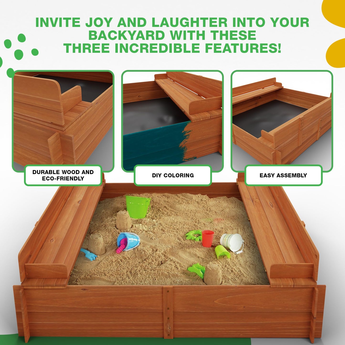 Big Game Hunters Sand Pit | 96 x 96 Square Wooden Sandpit with Lid | Outdoor Sandpit with Fold Out Lid that Becomes Seats for Children | Wooden Kids Toys