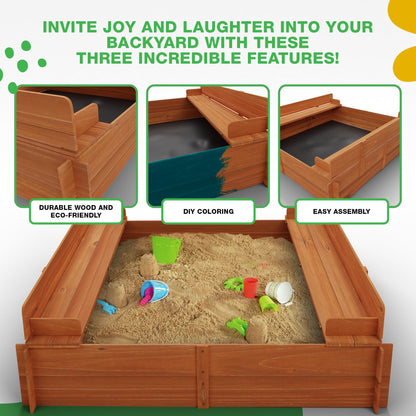Big Game Hunters Sand Pit | 96 x 96 Square Wooden Sandpit with Lid | Outdoor Sandpit with Fold Out Lid that Becomes Seats for Children | Wooden Kids Toys