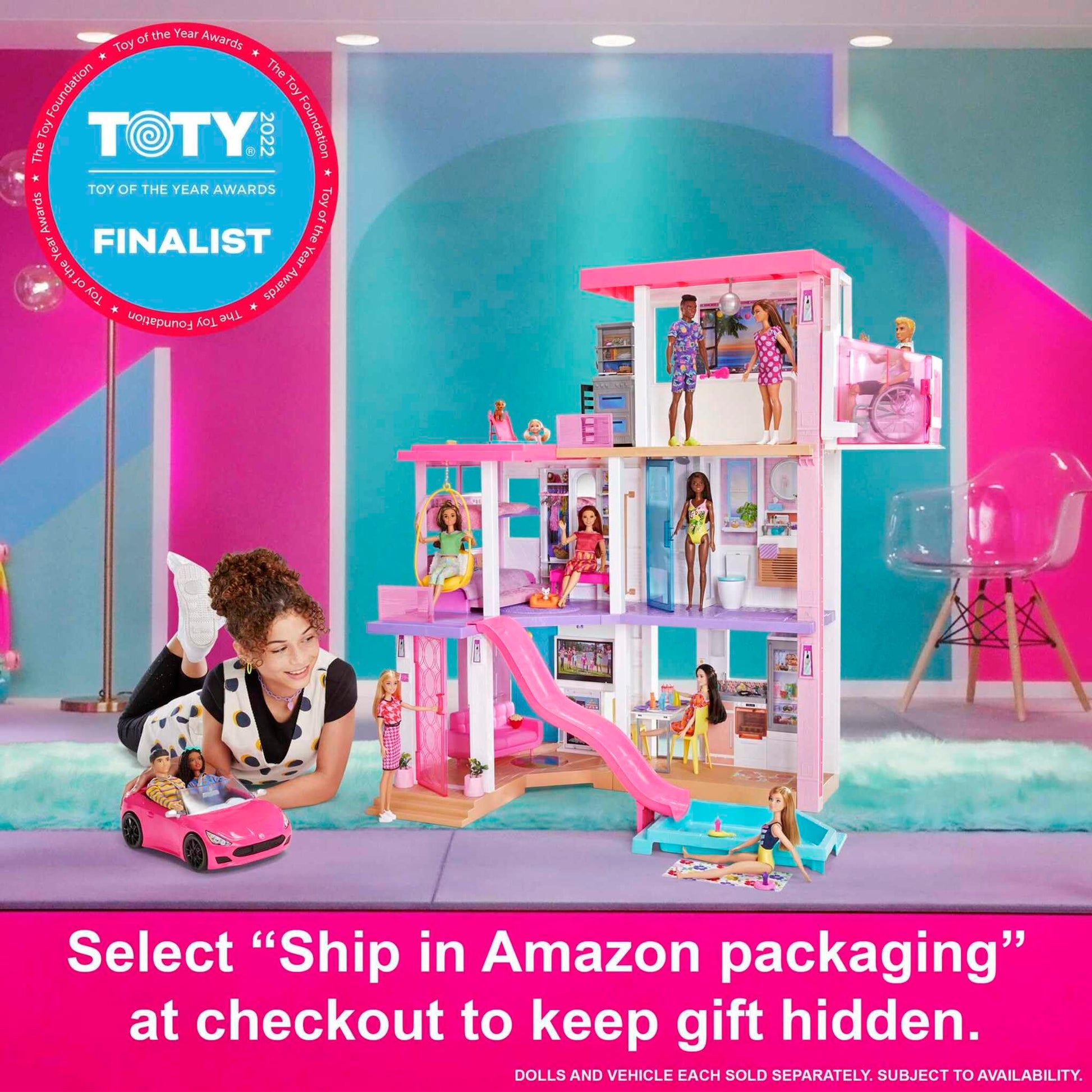 Barbie DreamHouse dollhouse with 75+ accessories, wheelchair elevator, 10 play areas, customizable lights, and music.